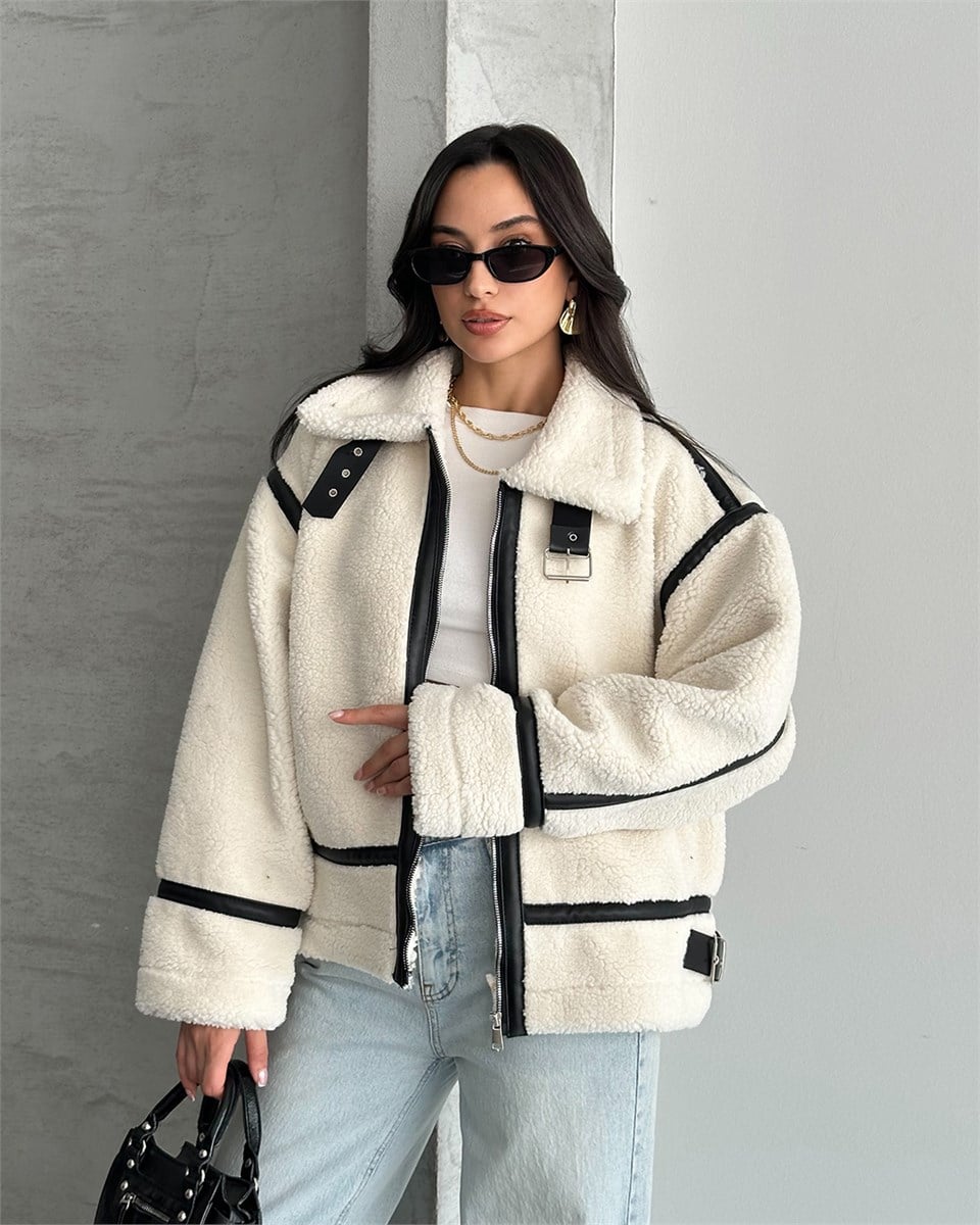 Dolly Deri Biyeli Oversize Peluş Mont