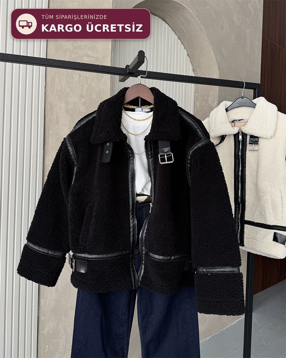 Dolly Deri Biyeli Oversize Siyah Peluş Mont