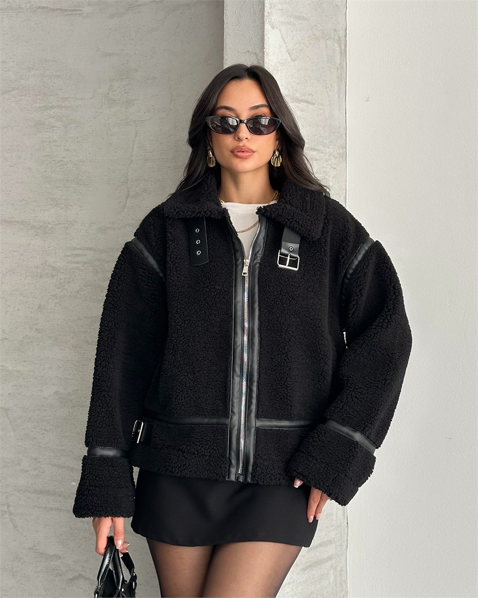 Dolly Deri Biyeli Oversize Siyah Peluş Mont