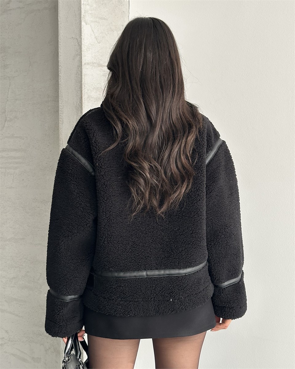 Dolly Deri Biyeli Oversize Siyah Peluş Mont