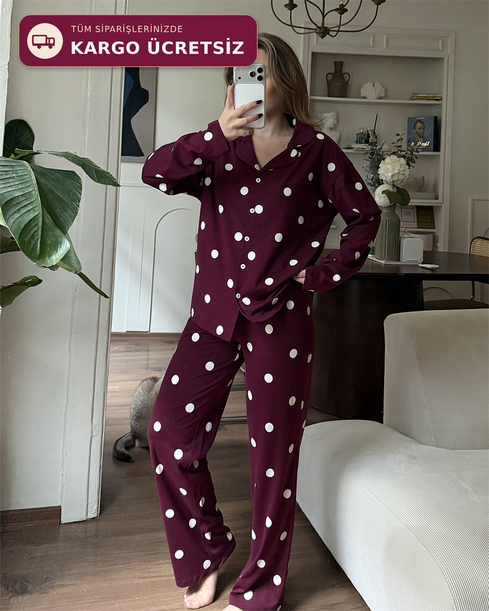 Dotti Puantiyeli Bordo Pijama Takımı
