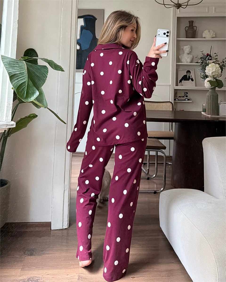 Dotti Puantiyeli Bordo Pijama Takımı