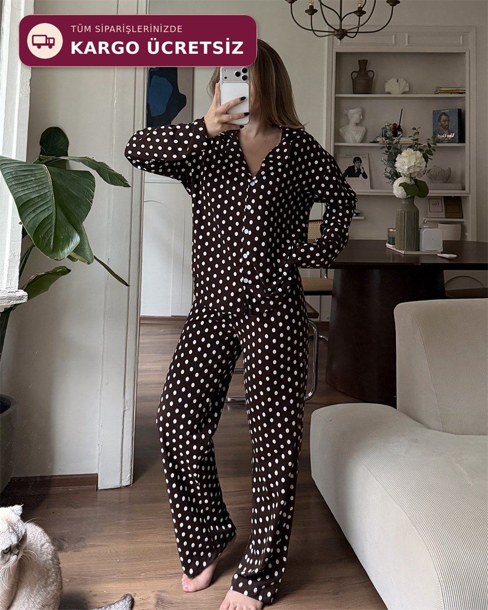 Dotti Puantiyeli Kahverengi Pijama Takımı