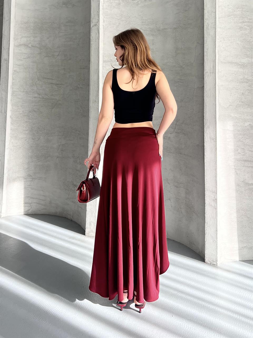 Drapeli Midi Boy Asimetrik Kruvaze Bordo Etek