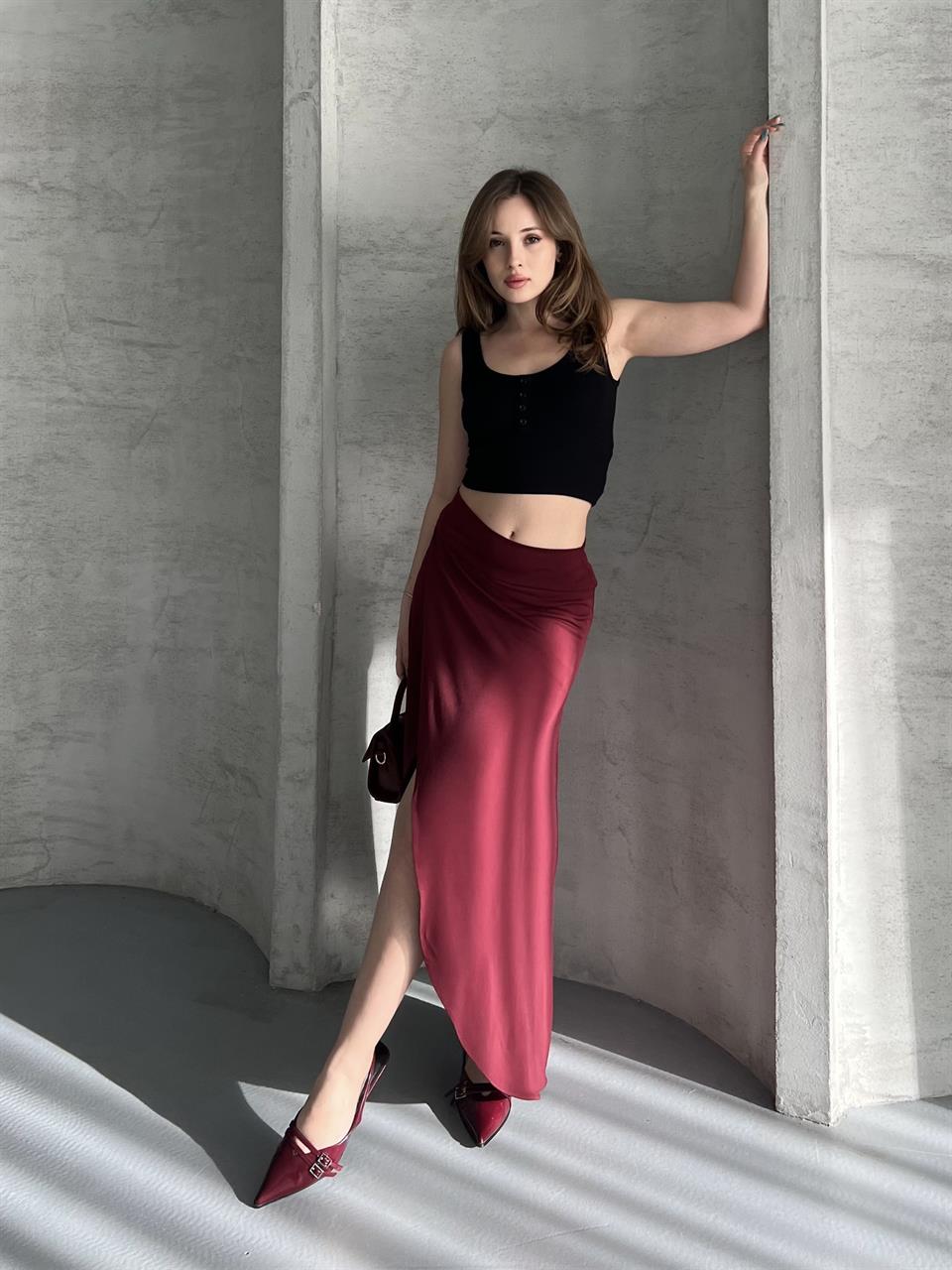 Drapeli Midi Boy Asimetrik Kruvaze Bordo Etek