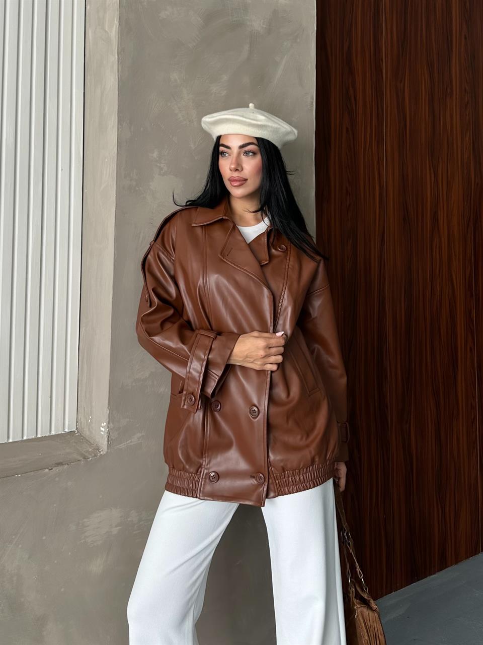 Düşük Omuzlu Oversize Kahverengi Deri Ceket