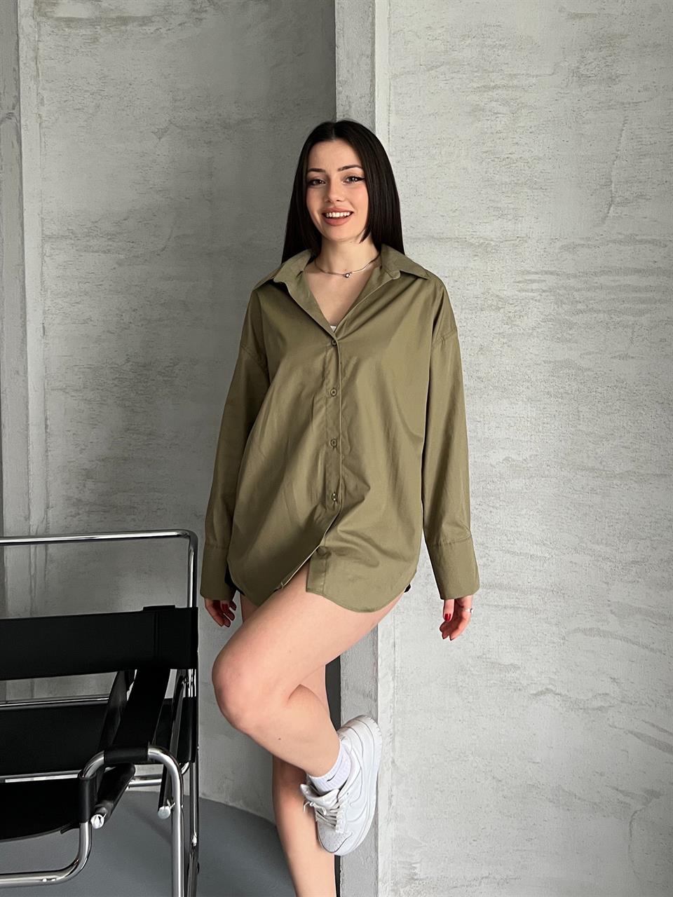Düz Cepsiz Haki Gömlek