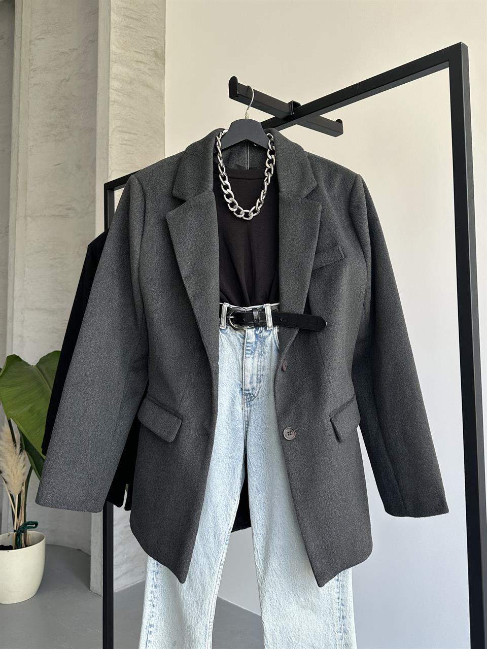 Düz Kesim Antrasit Blazer Ceket