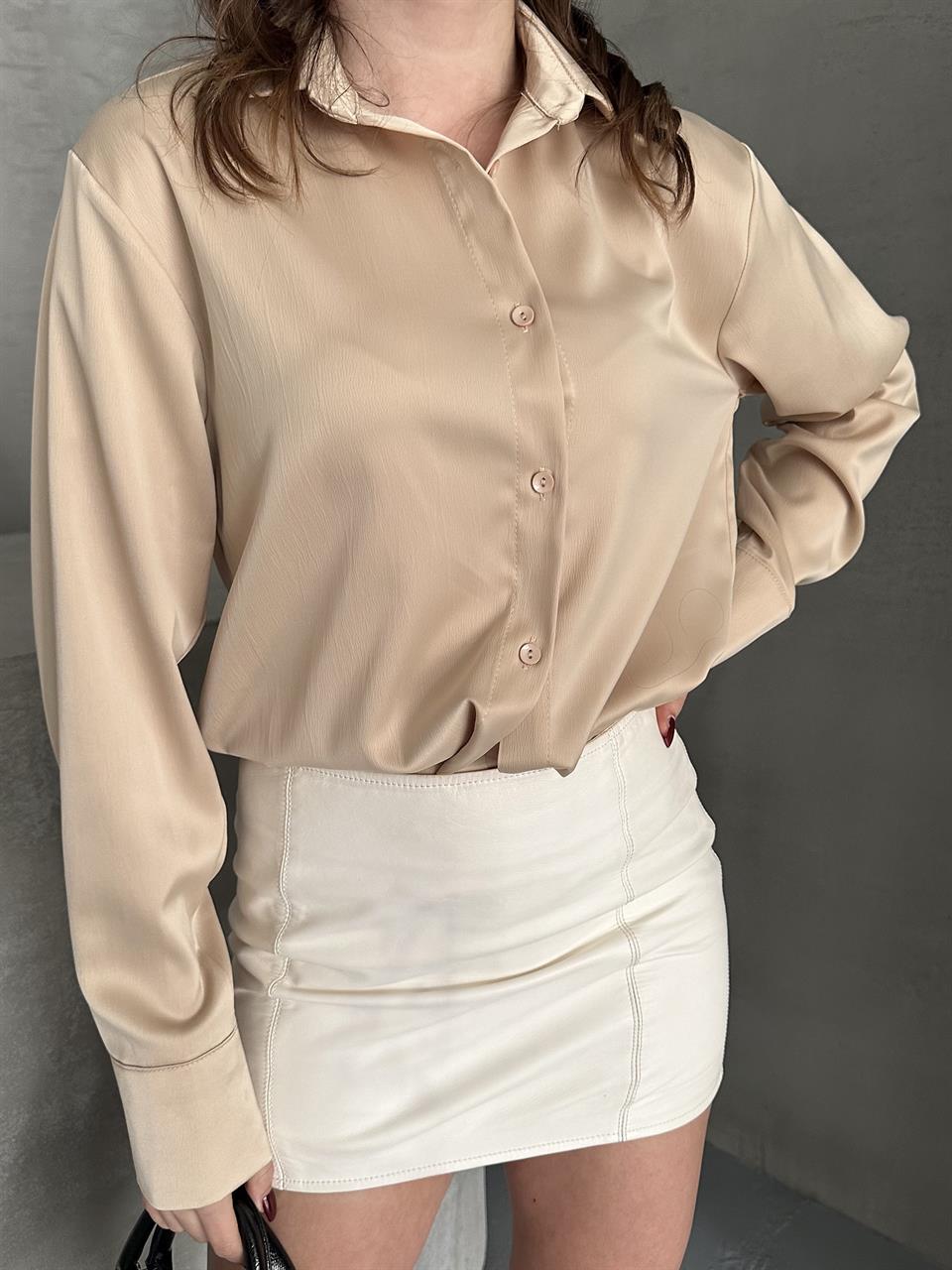 Düz Krem Saten Gömlek