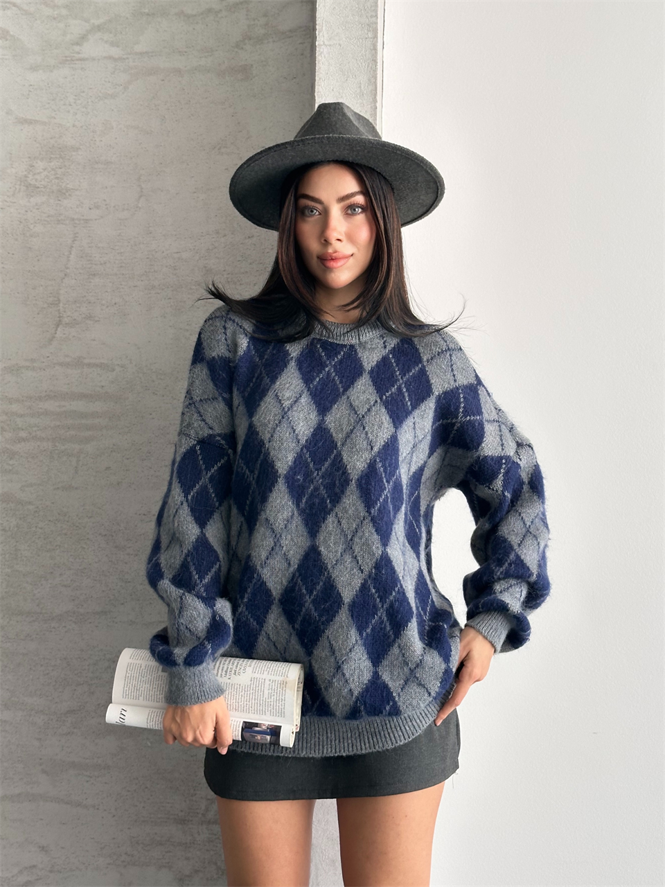 Ekose Baklava Desenli Mavi Triko Kazak