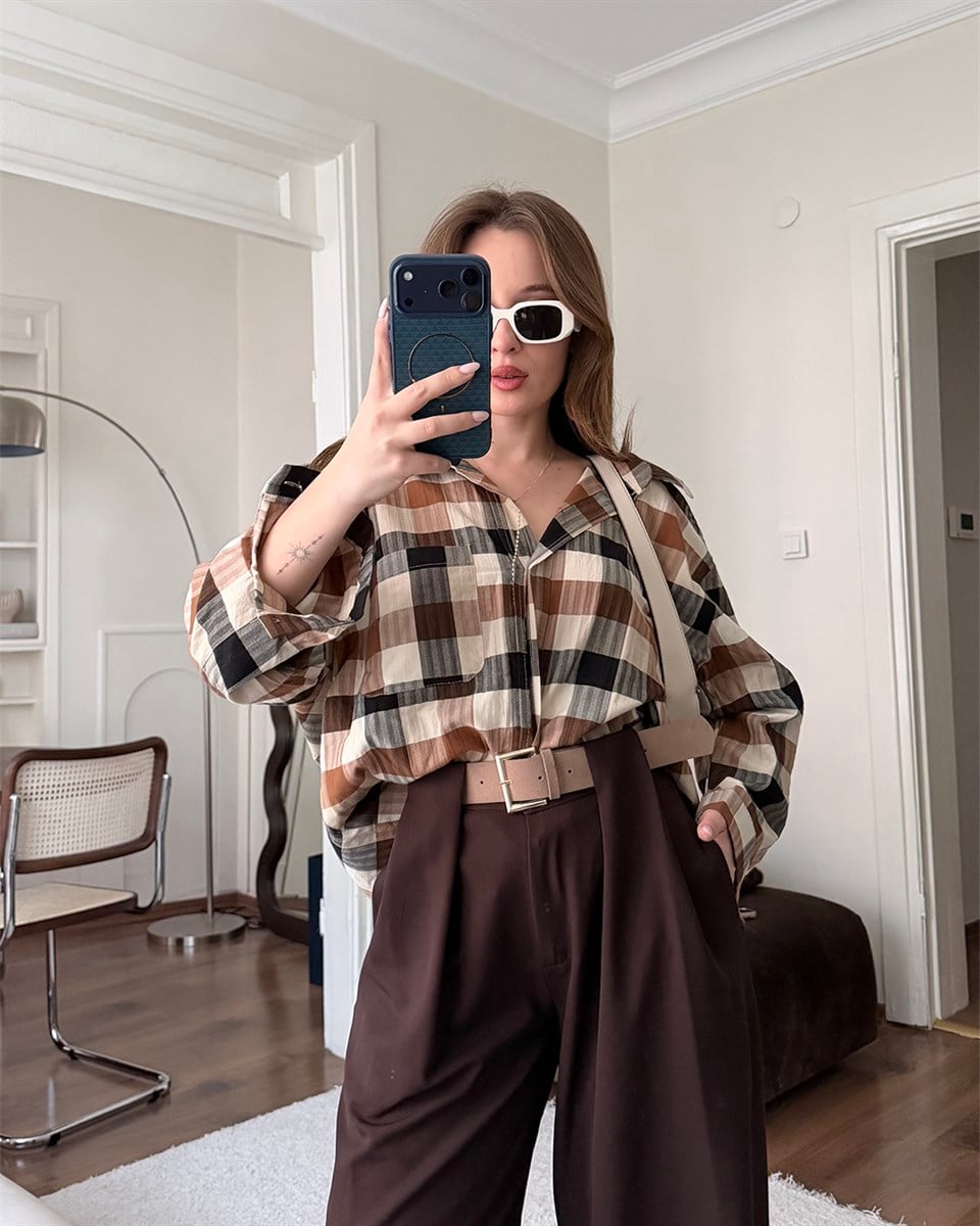 Ekose Desenli Oversize Gömlek