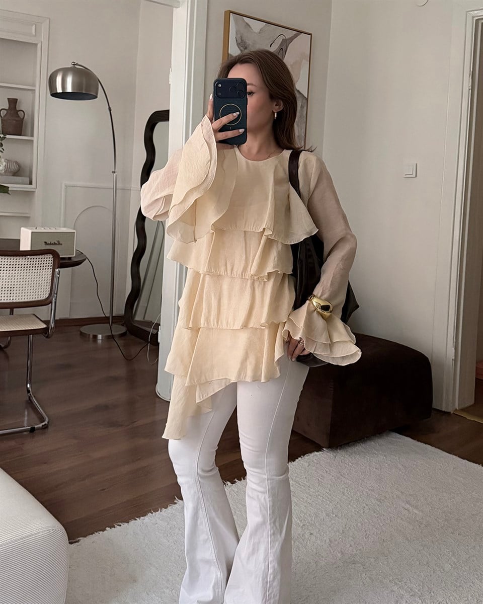 Ekru Asimetrik Şifon Bluz