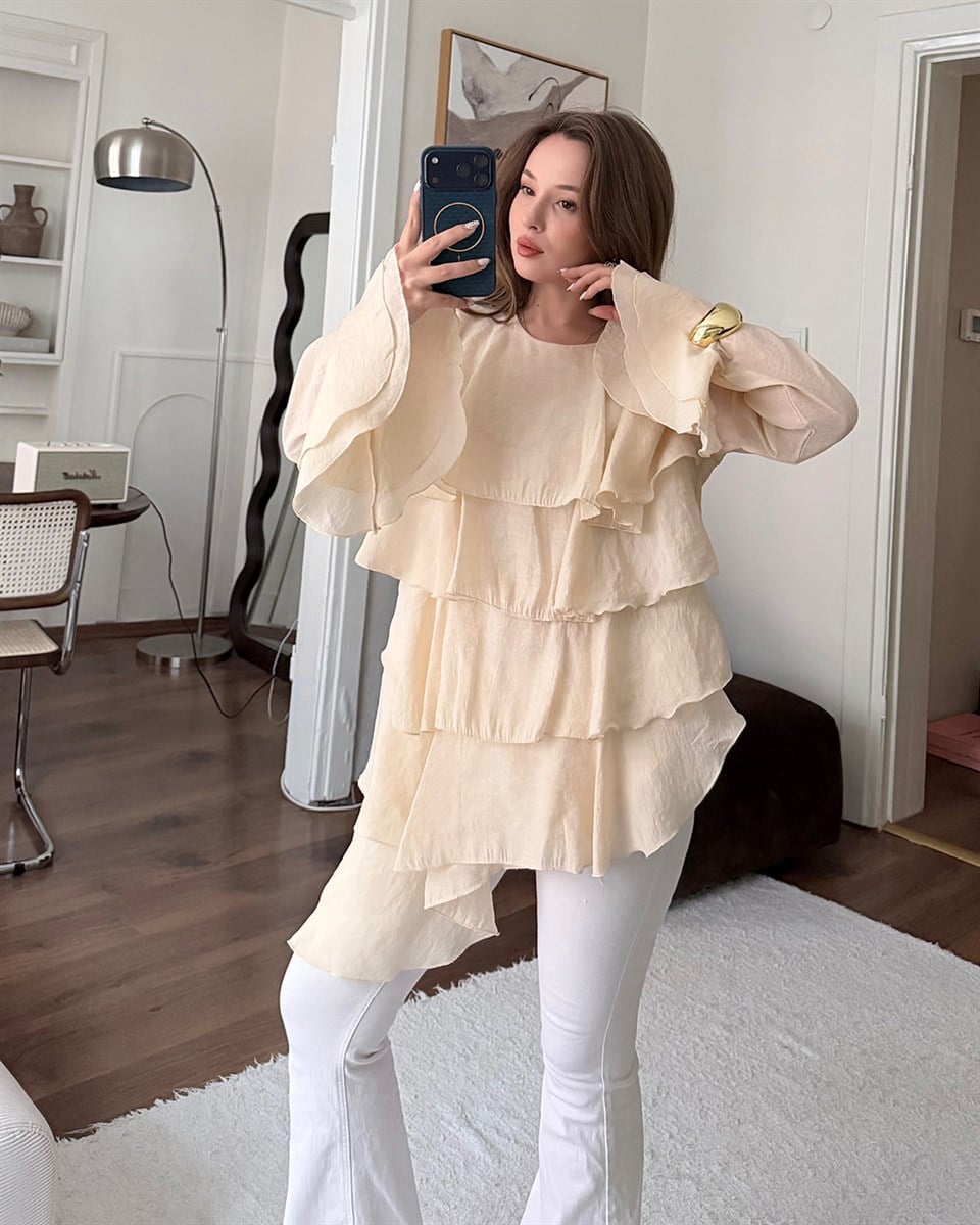 Ekru Asimetrik Şifon Bluz