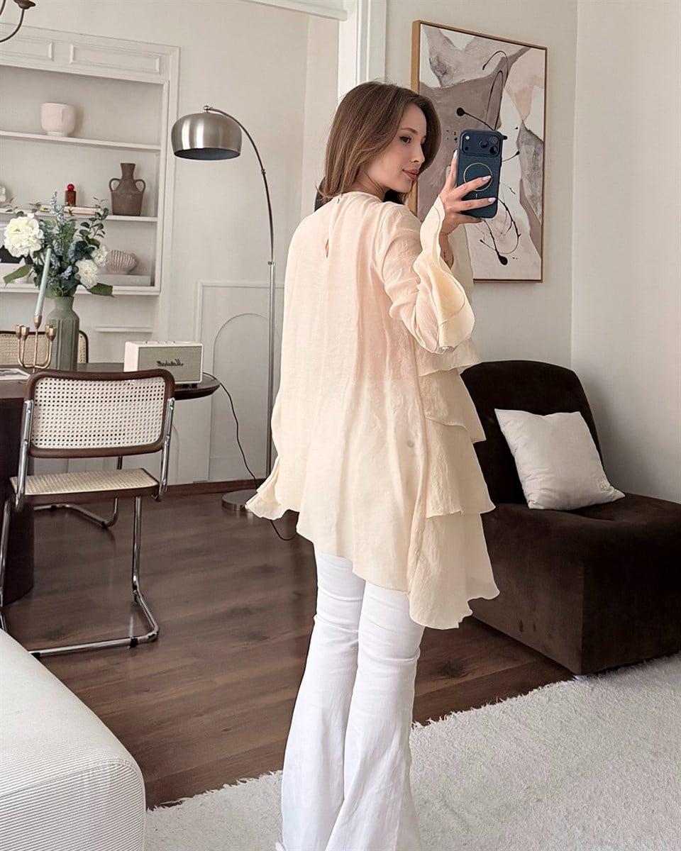 Ekru Asimetrik Şifon Bluz