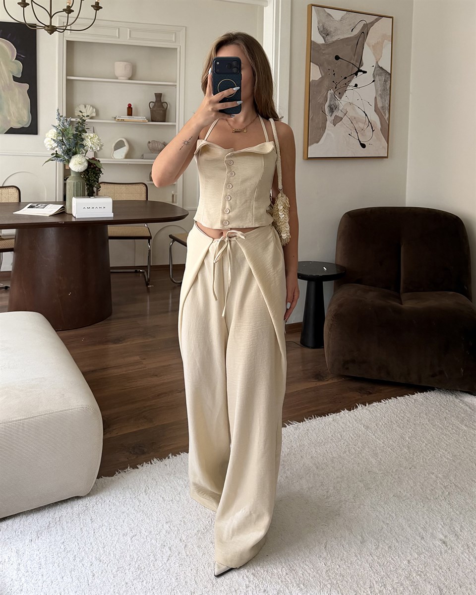 Ekru Askılı Büstiyer Pantolon Takım