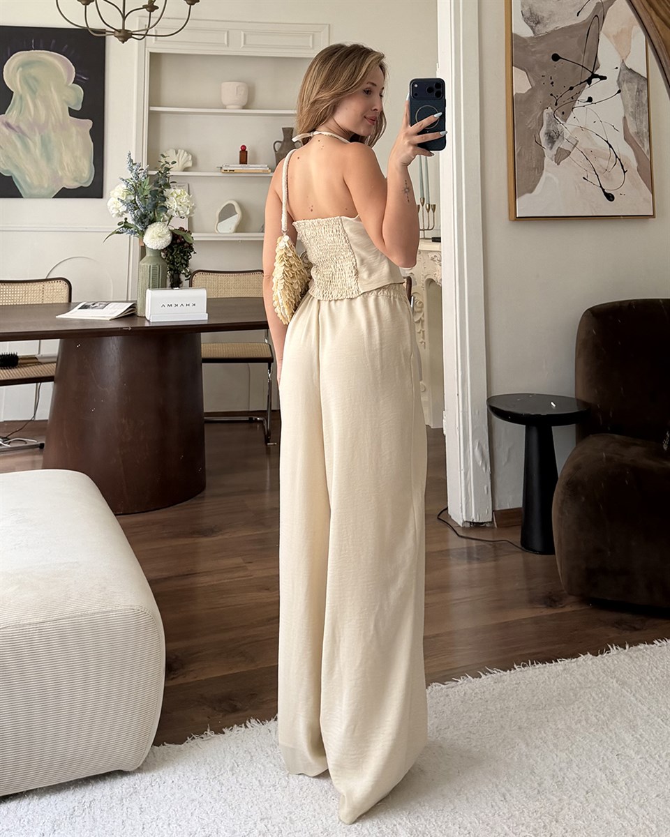 Ekru Askılı Büstiyer Pantolon Takım