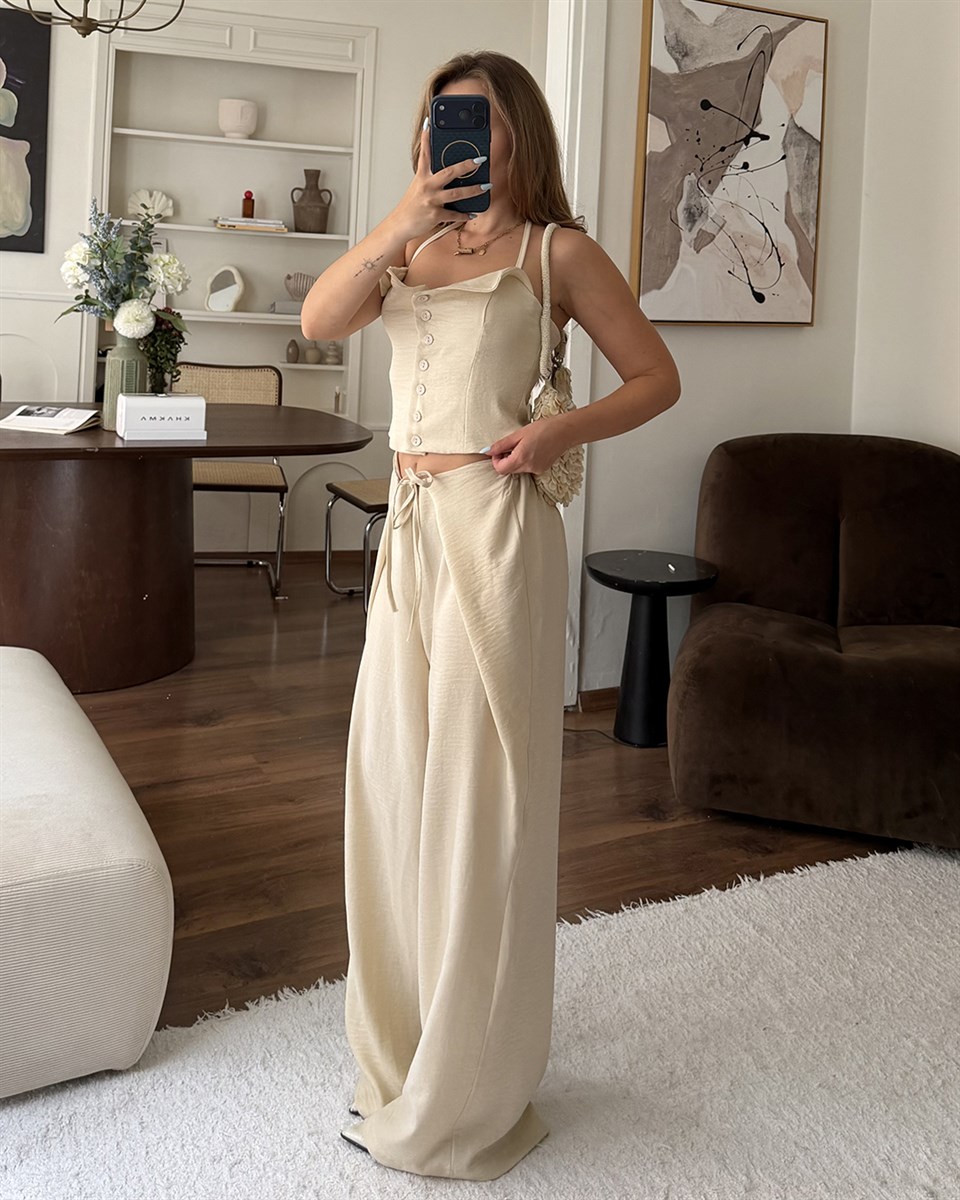 Ekru Askılı Büstiyer Pantolon Takım