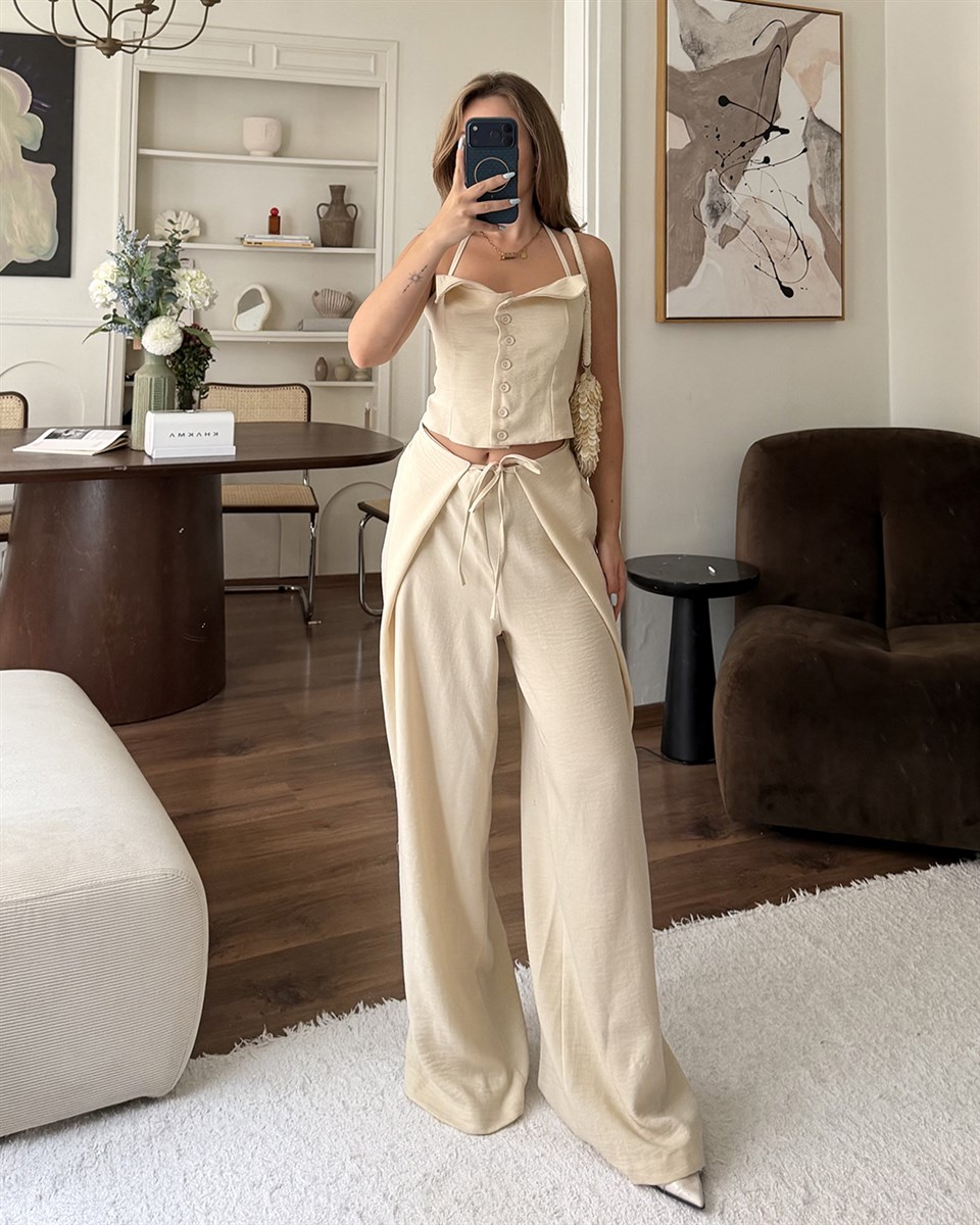 Ekru Askılı Büstiyer Pantolon Takım