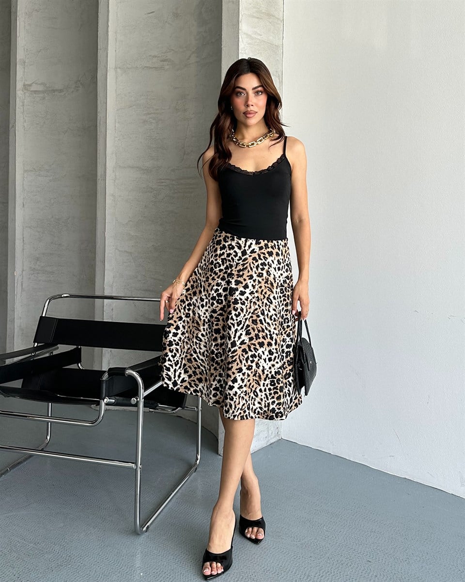 Ekru Desenli Leopar Midi Etek