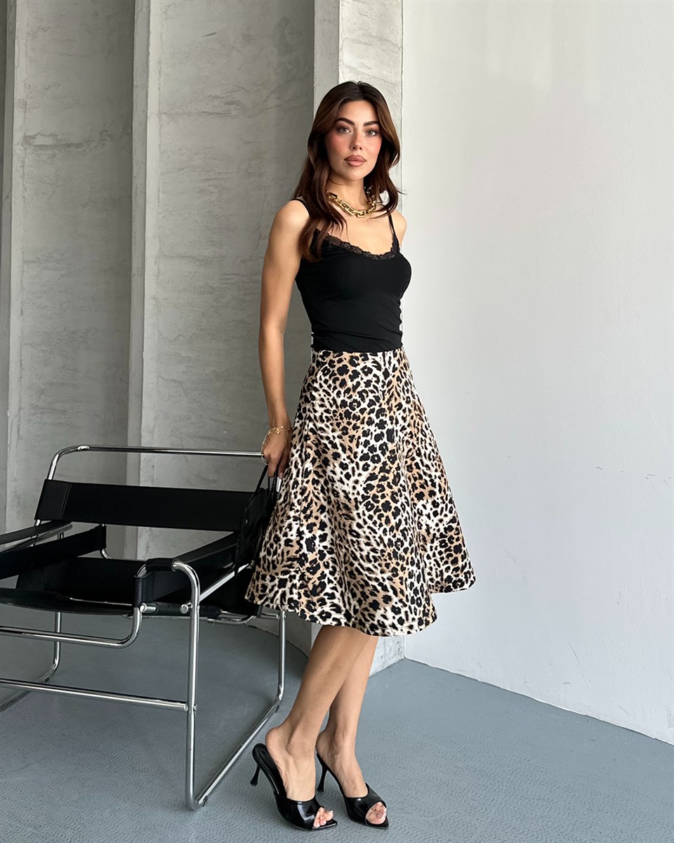 Ekru Desenli Leopar Midi Etek