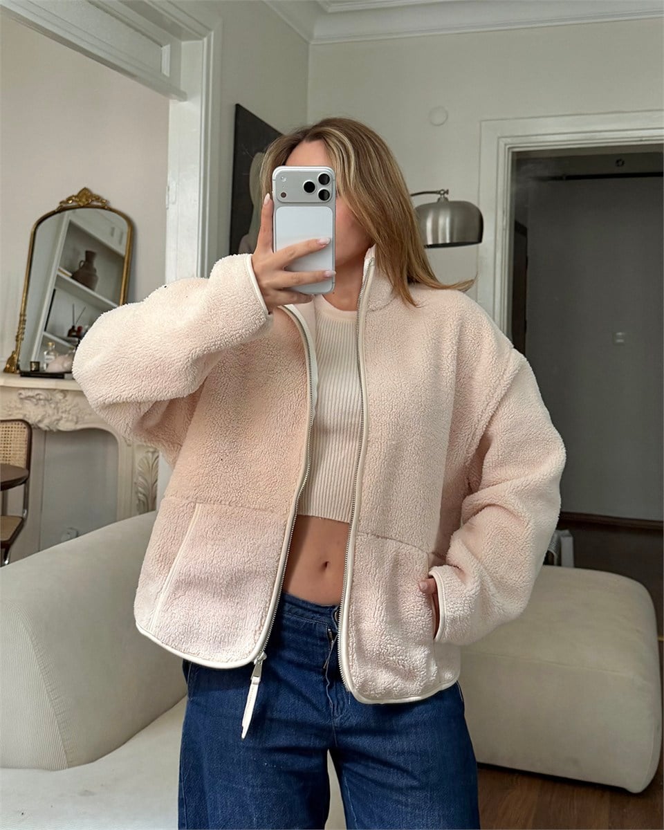 Ekru Peluş Polar Ceket