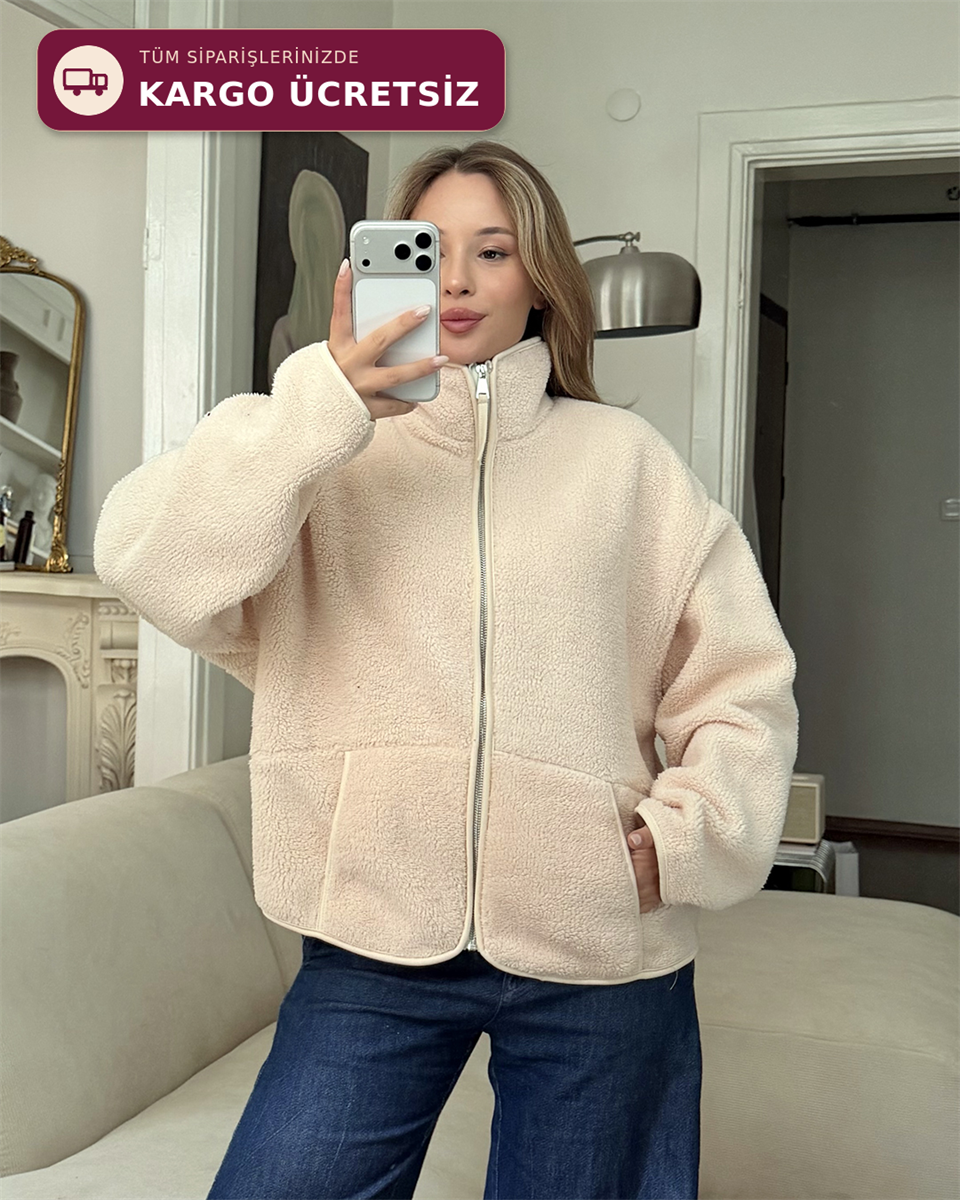 Ekru Peluş Polar Ceket