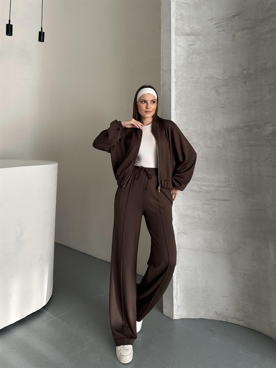 Essential Fermuarlı Kahverengi Eşofman Takım