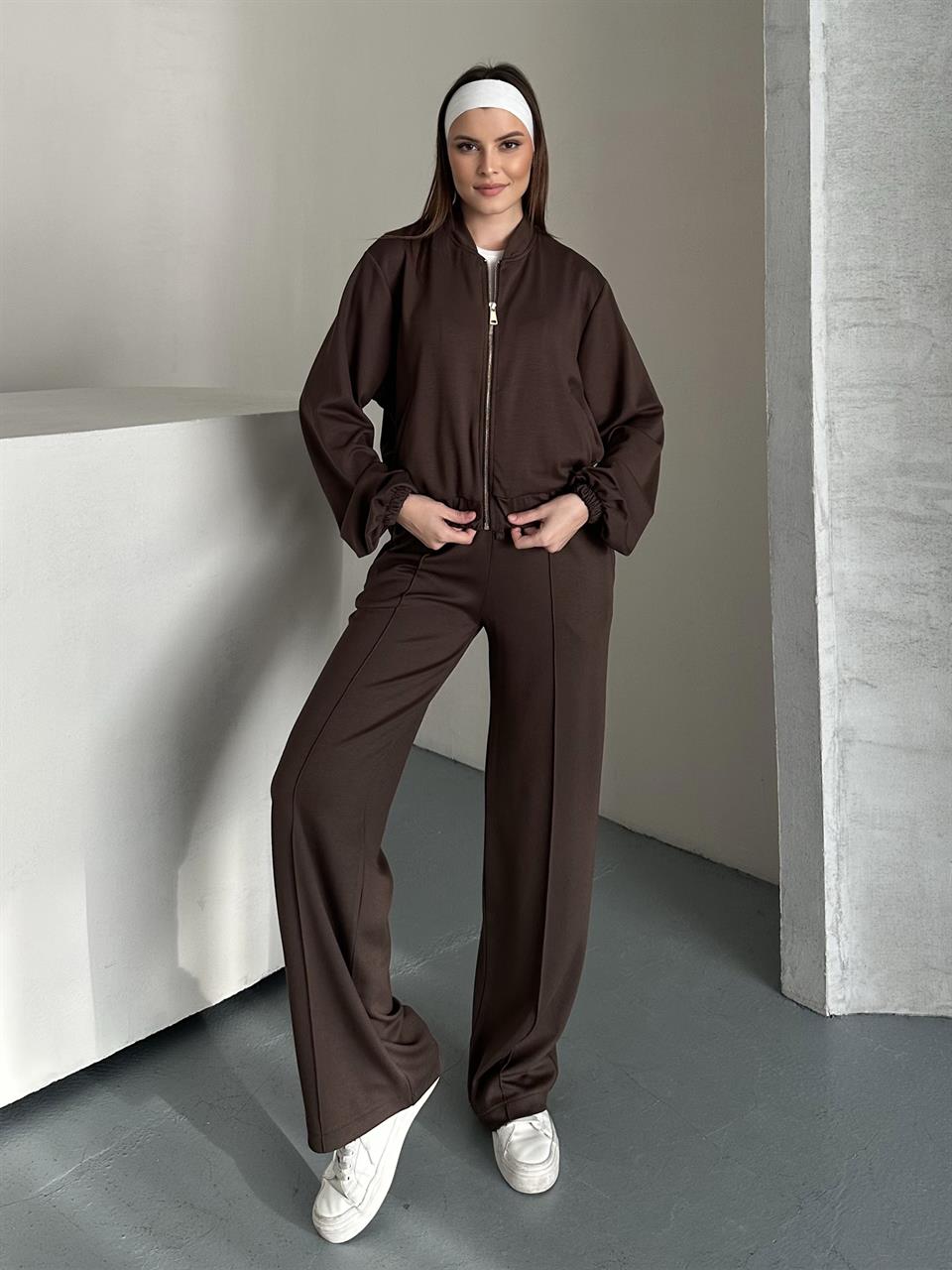 Essential Fermuarlı Kahverengi Eşofman Takım