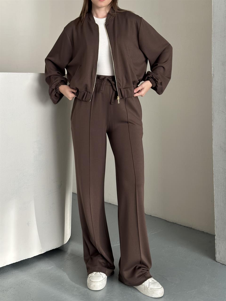 Essential Fermuarlı Kahverengi Eşofman Takım