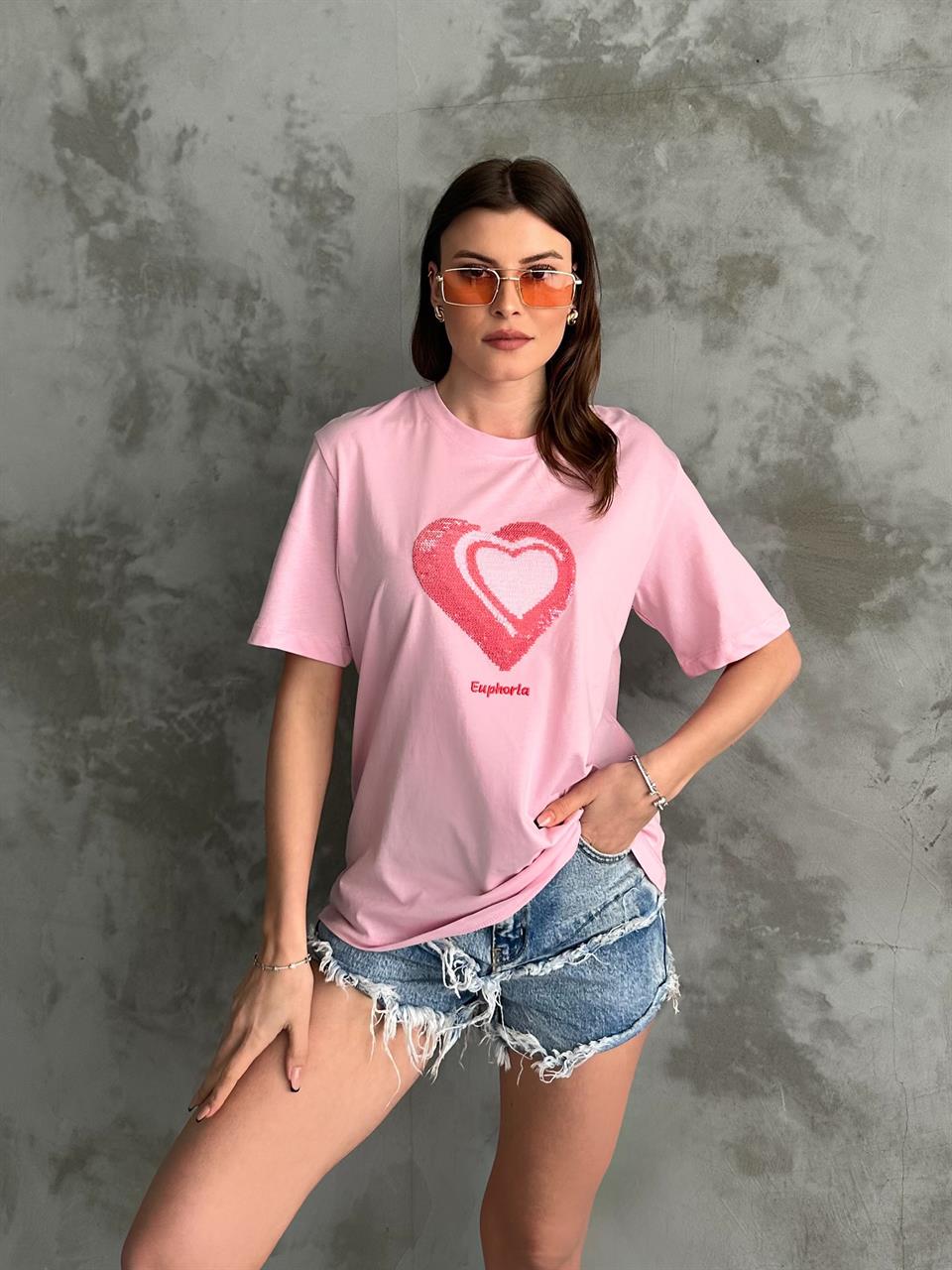 Euphoria Kalpli Pembe Tişört
