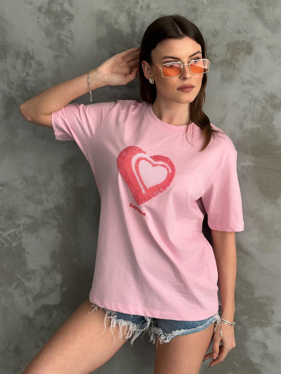 Euphoria Kalpli Pembe Tişört