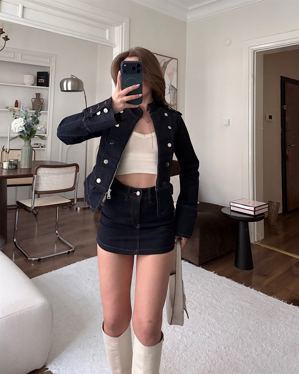 Fermuarlı Denim Lacivert Ceket Etek Takım