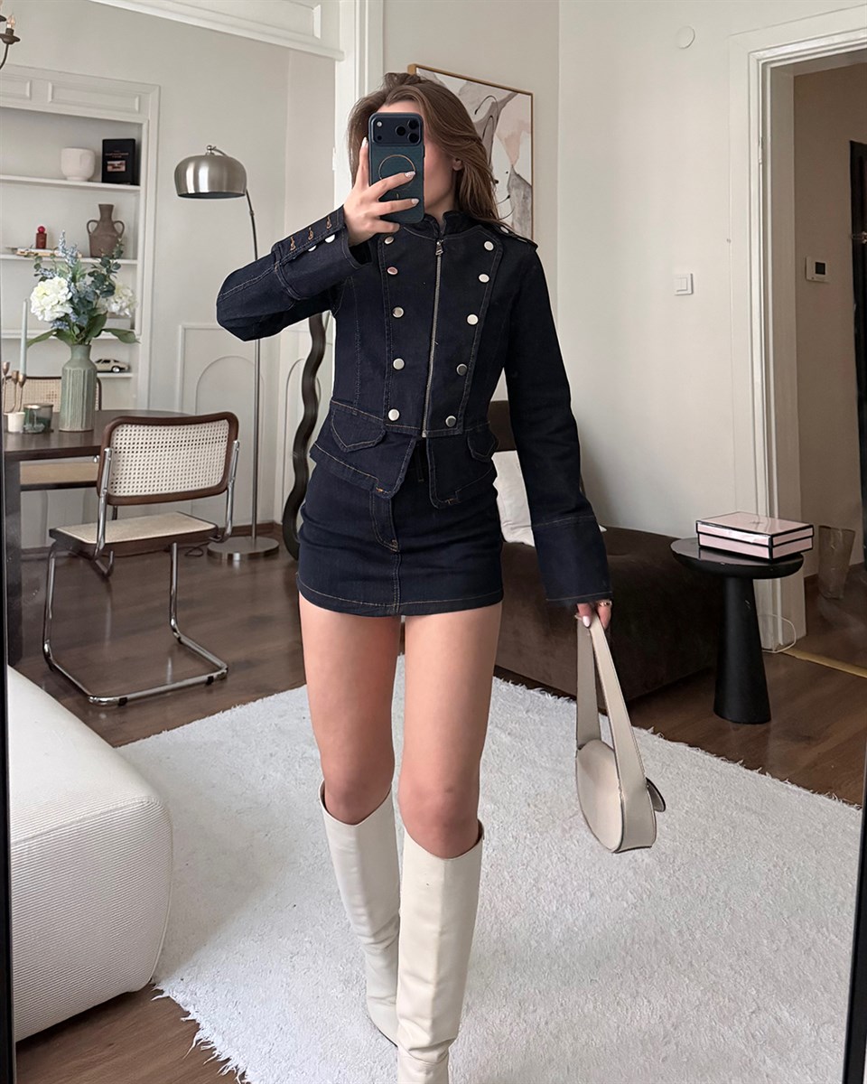 Fermuarlı Denim Lacivert Ceket Etek Takım