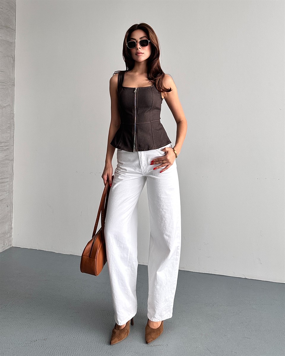Fermuarlı Denim Kahverengi Bluz
