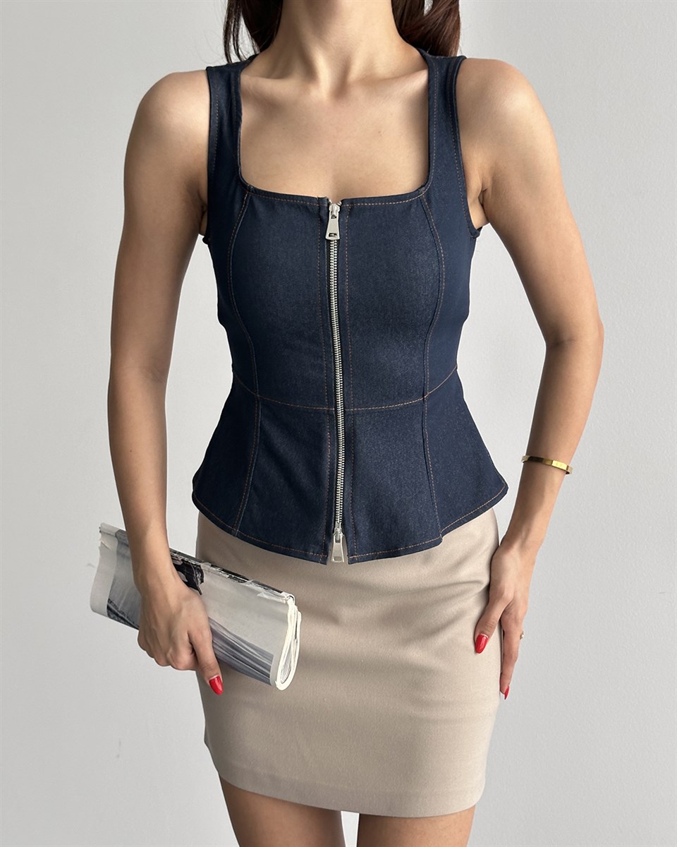 Fermuarlı Denim Lacivert Bluz