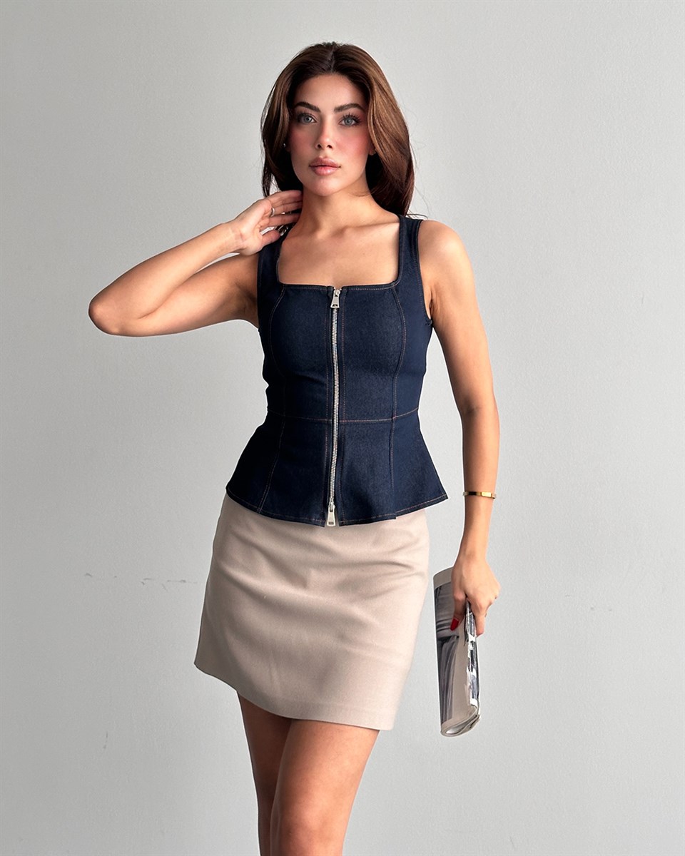 Fermuarlı Denim Lacivert Bluz