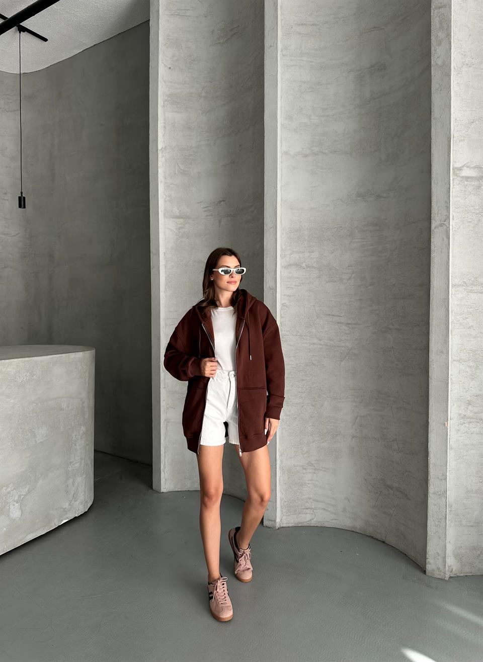 Fermuarlı Kapüşonlu Oversize Acı Kahve Hırka