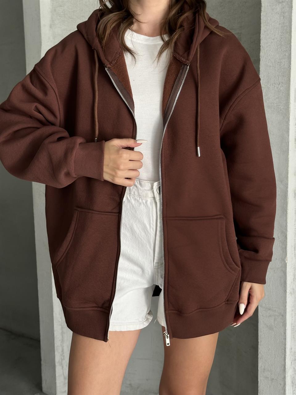 Fermuarlı Kapüşonlu Oversize Acı Kahve Hırka