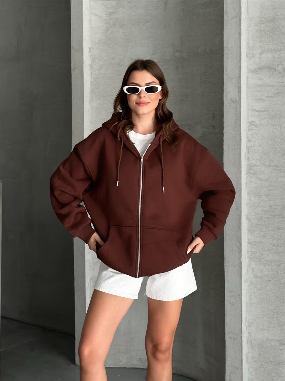 Fermuarlı Kapüşonlu Oversize Acı Kahve Hırka