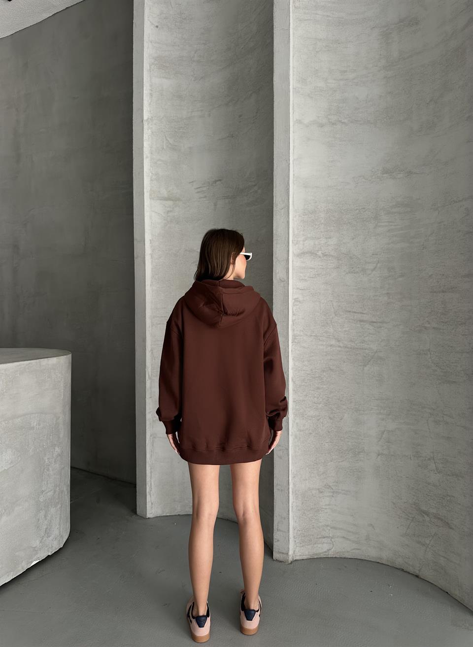 Fermuarlı Kapüşonlu Oversize Acı Kahve Hırka