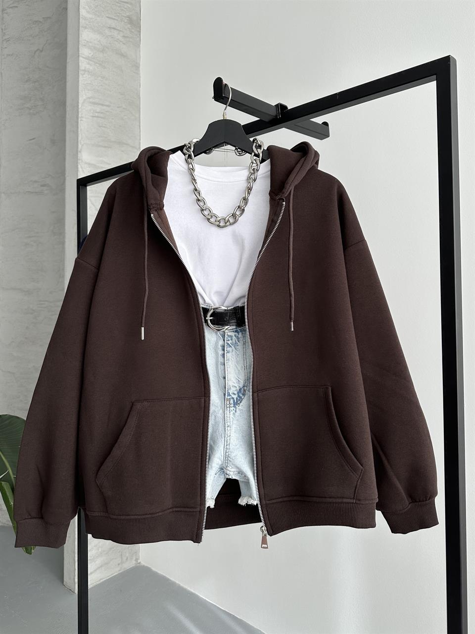 Fermuarlı Kapüşonlu Oversize Acı Kahve Hırka