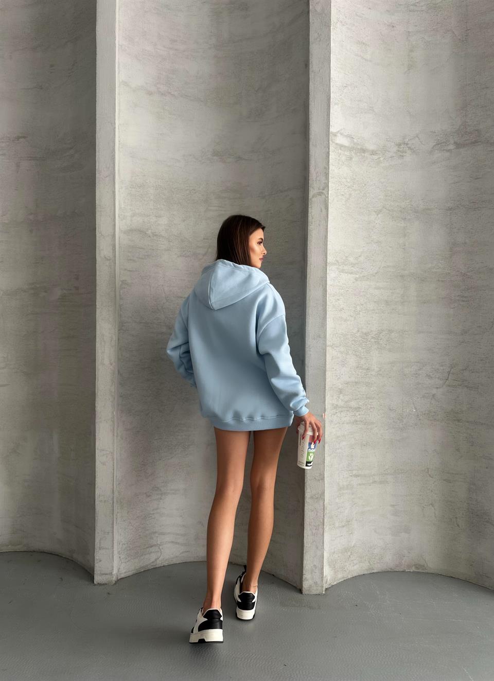 Fermuarlı Kapüşonlu Oversize Bebe Mavisi Hırka