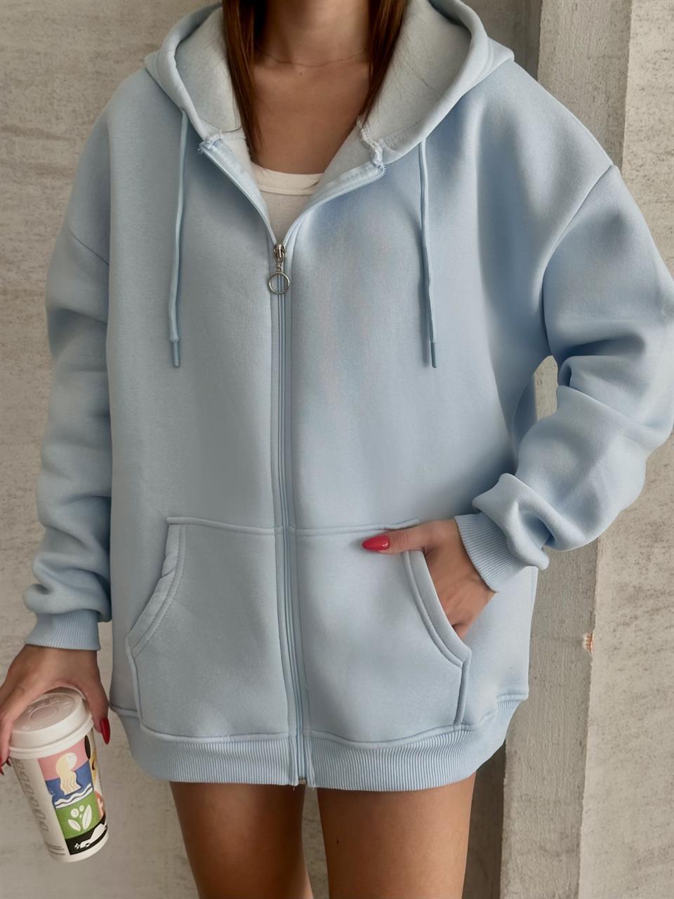 Fermuarlı Kapüşonlu Oversize Bebe Mavisi Hırka