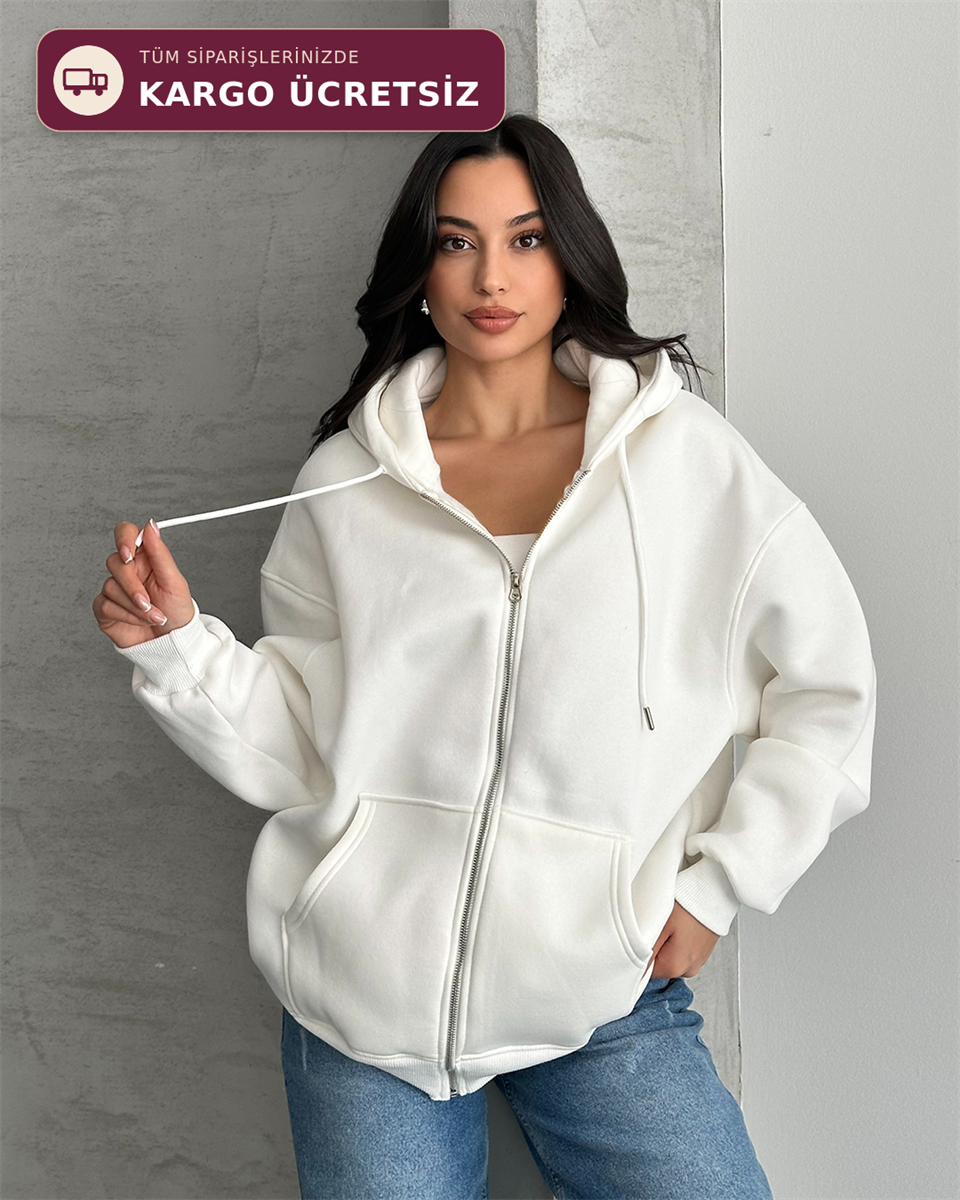 Fermuarlı Kapüşonlu Oversize Beyaz Hırka