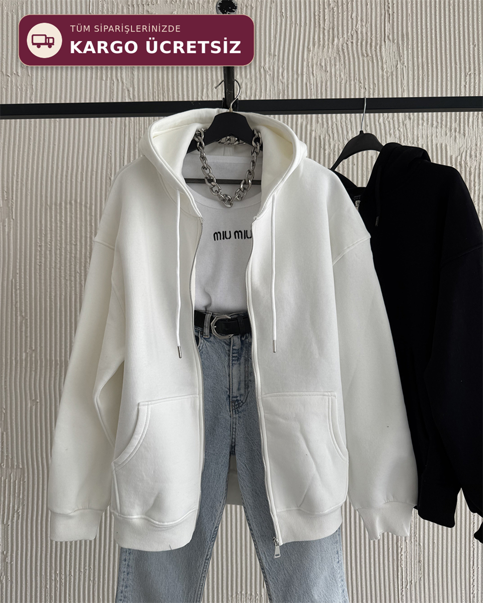Fermuarlı Kapüşonlu Oversize Beyaz Hırka