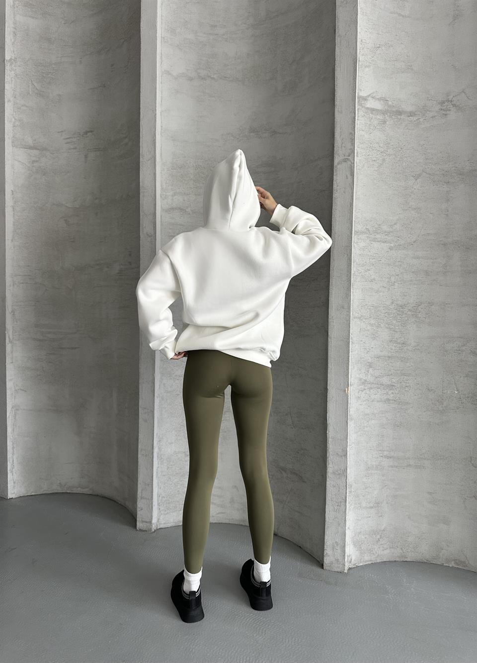 Fermuarlı Kapüşonlu Oversize Beyaz Hırka