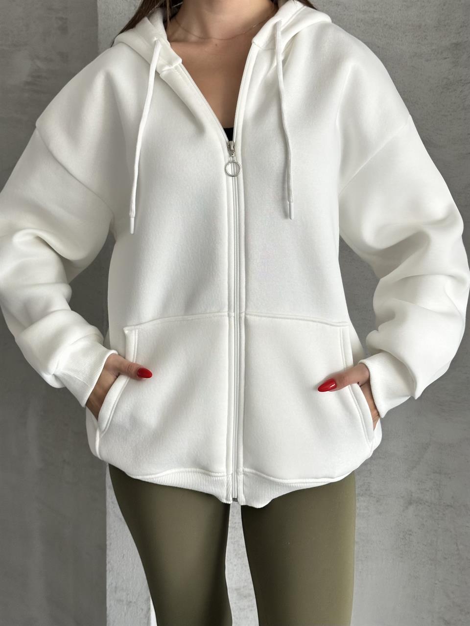 Fermuarlı Kapüşonlu Oversize Beyaz Hırka