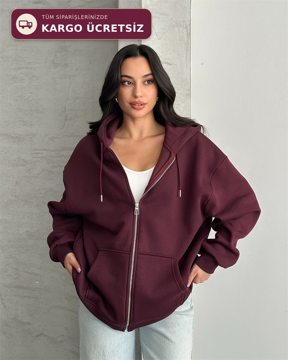 Fermuarlı Kapüşonlu Oversize Bordo Hırka