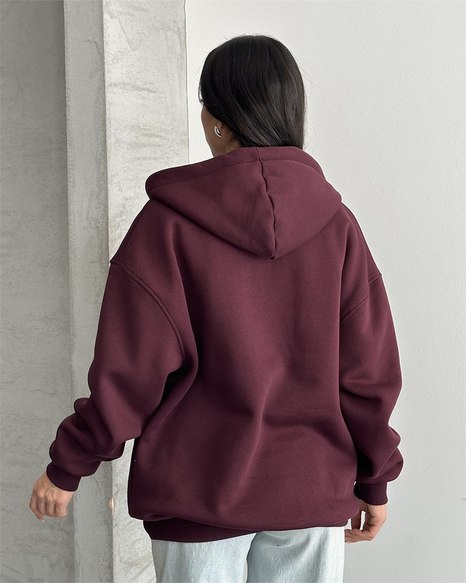 Fermuarlı Kapüşonlu Oversize Bordo Hırka