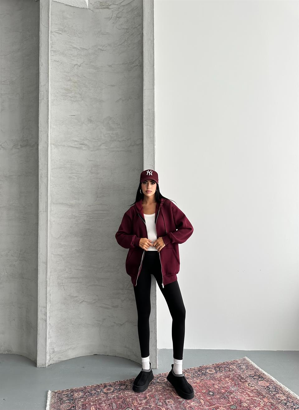 Fermuarlı Kapüşonlu Oversize Bordo Hırka